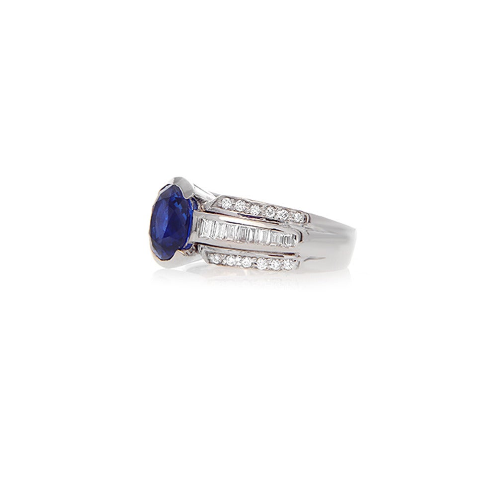 Product ID:01095
Metal:18K White
Stock:1
Ring Size:6.25
Country Of Origin:USA

DIAMOND
•  Round: 0.58Ct.

GEMSTONE

Sapphire : 2.37 Ct.
Dimension(mm): 8.3x6.5
Color: ROYAL BLUE
Shape: Oval
Clarity: IF
*All diamonds are EF/VVS Quality
