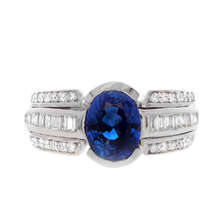 Blue Sapphire Oval Diamond Gold Engagement Ring For Sale