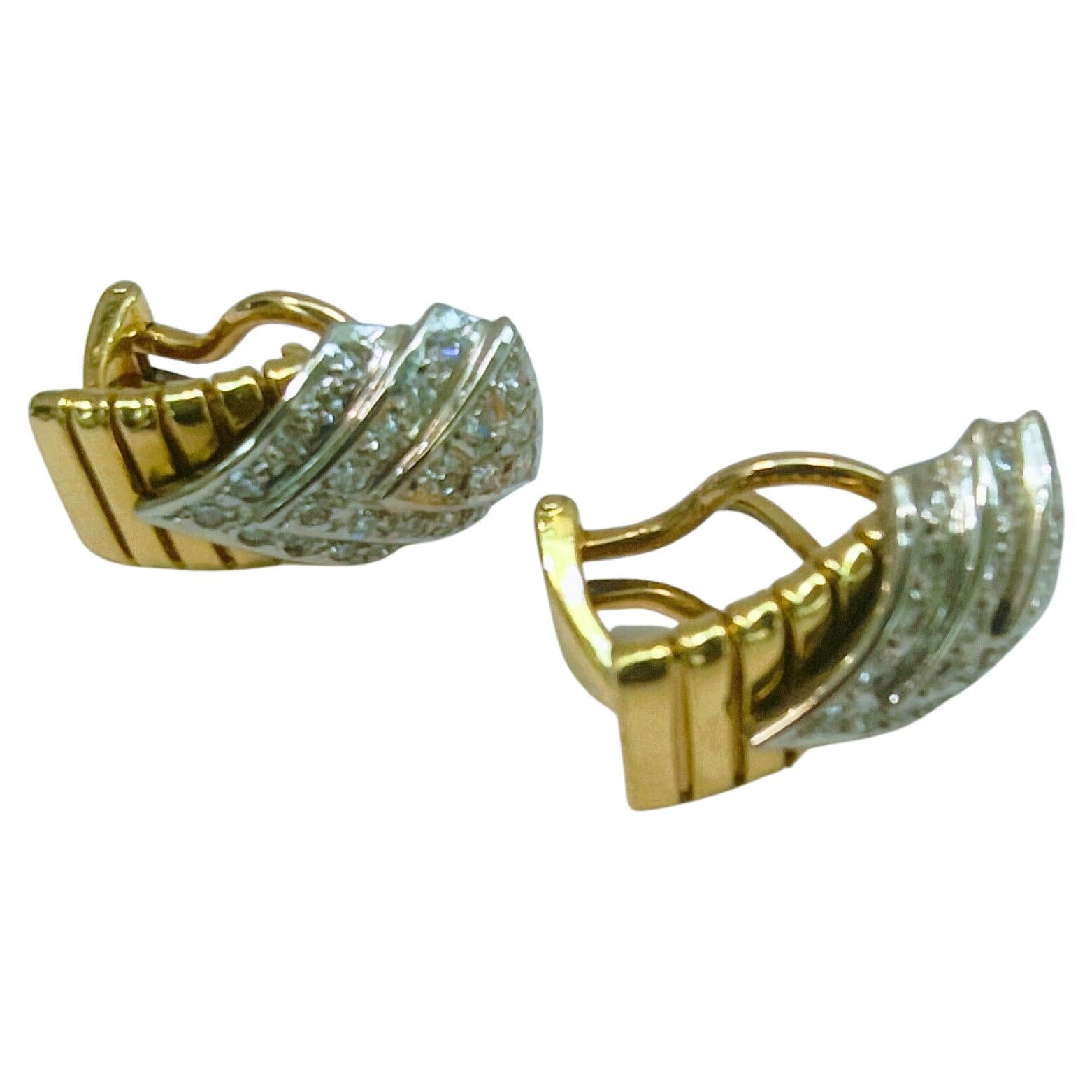 Tubogas Earrings Circa 1940s Omega Back Yellow & White Gold 18 Karat Diamonds For Sale 1