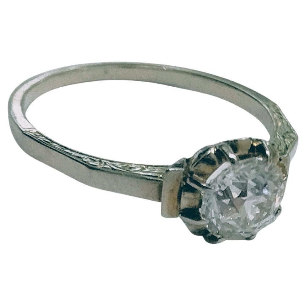 Art Deco Antique Ring Solitaire 1900s Diamond  Old Mine Cut Platinum For Sale