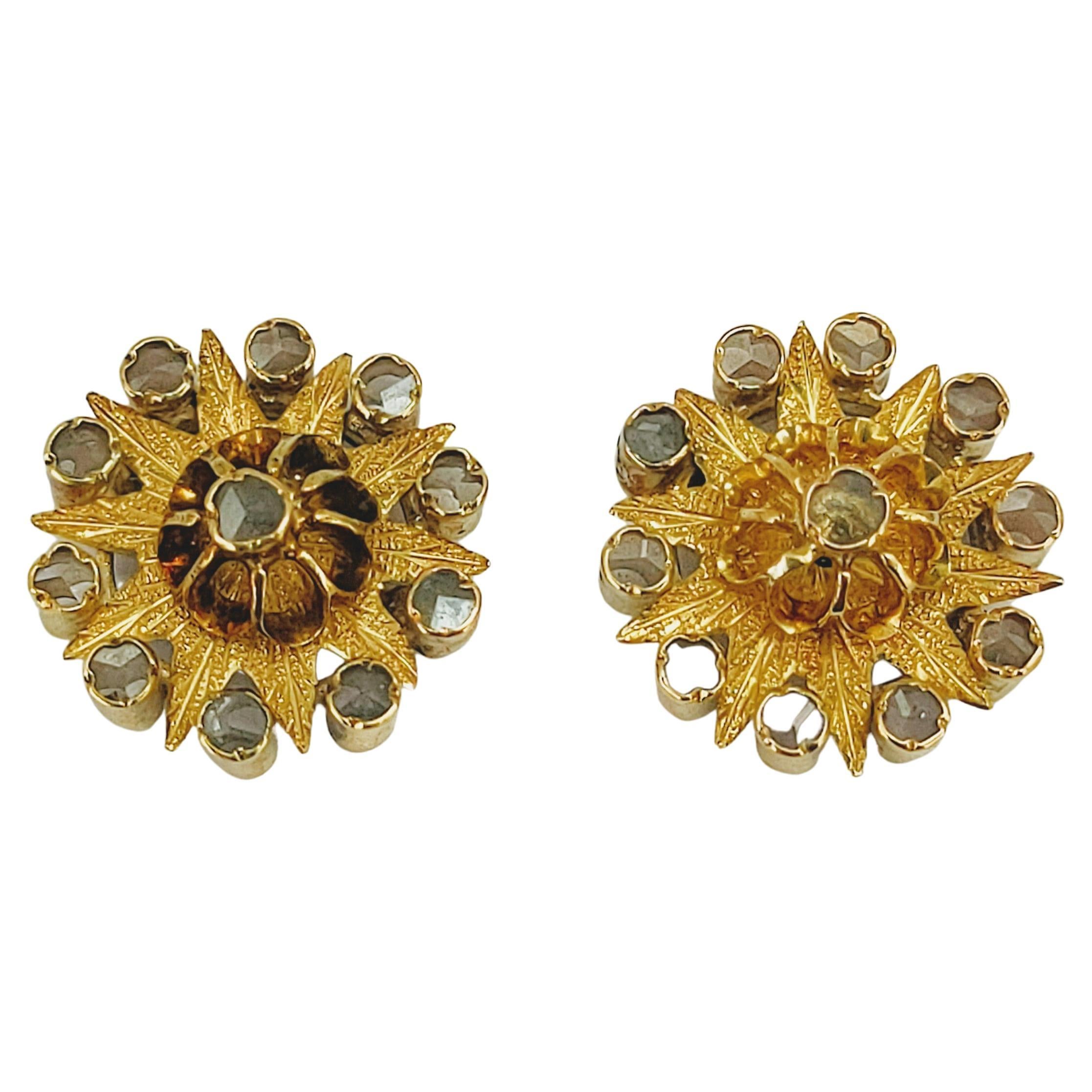 Earrings 19th Century Yellow Gold 18 Karat Diamond Rose Cut 2