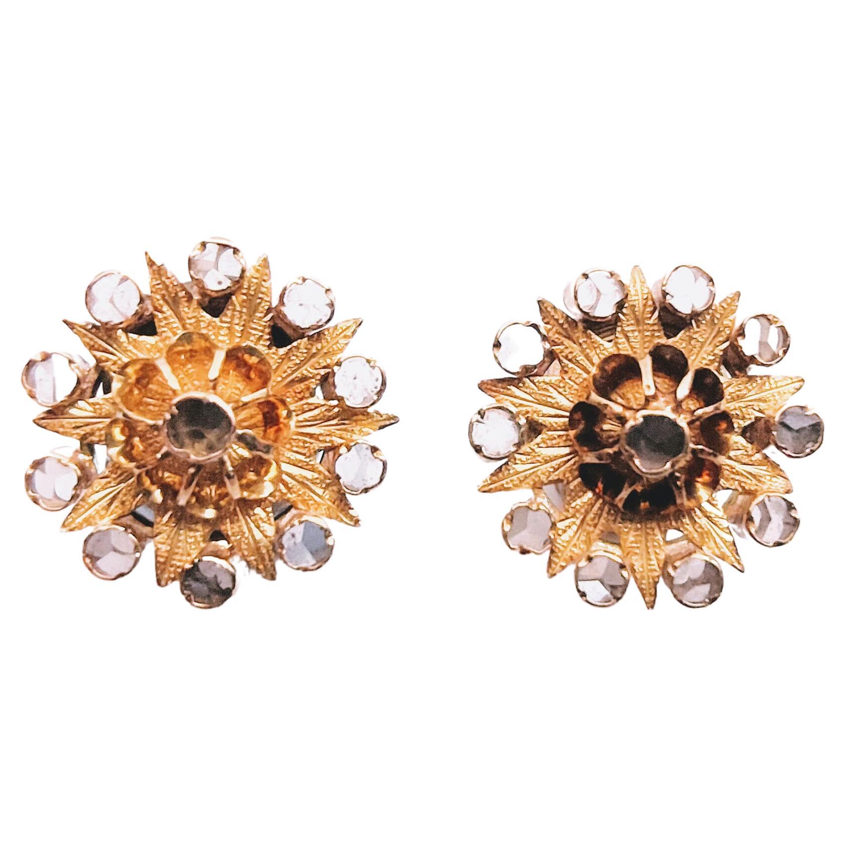 Antique earrings of the late twentieth century with modern through system yellow gold 18 karat weight 3.46 grs Diamonds pink cut. 
Approximate diameter 15mm


