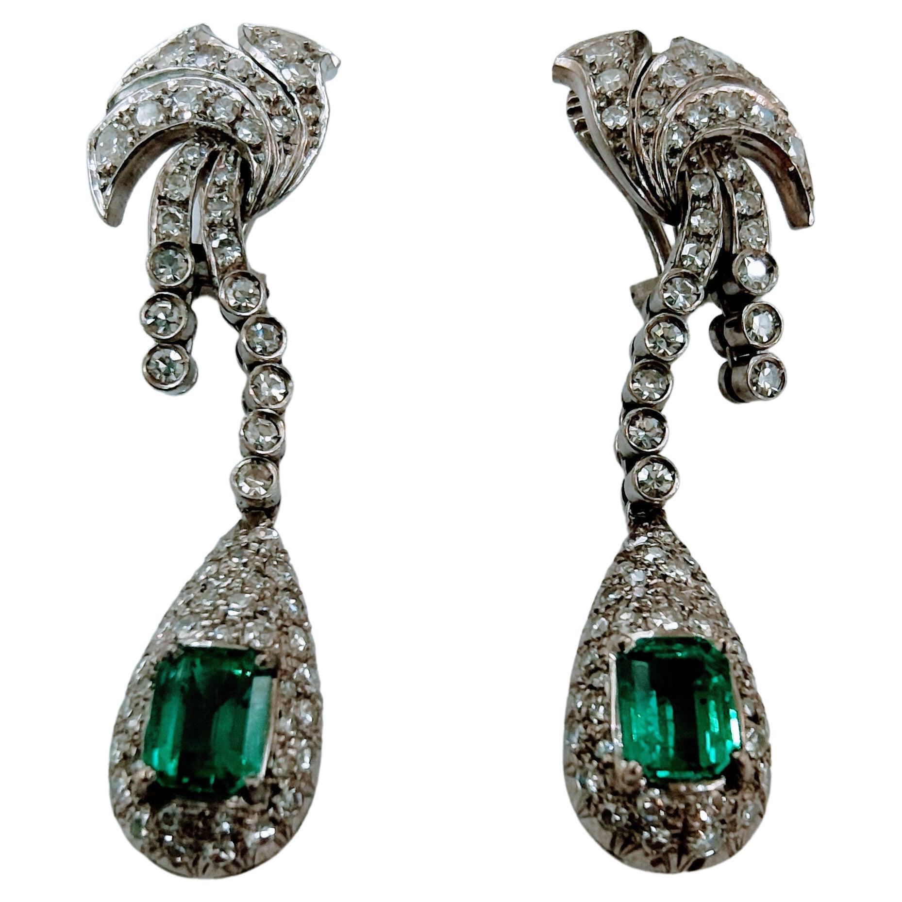 1930s  Earrings Art-Deco White Gold 18kt Emerald Colombian Diamond Single Cut