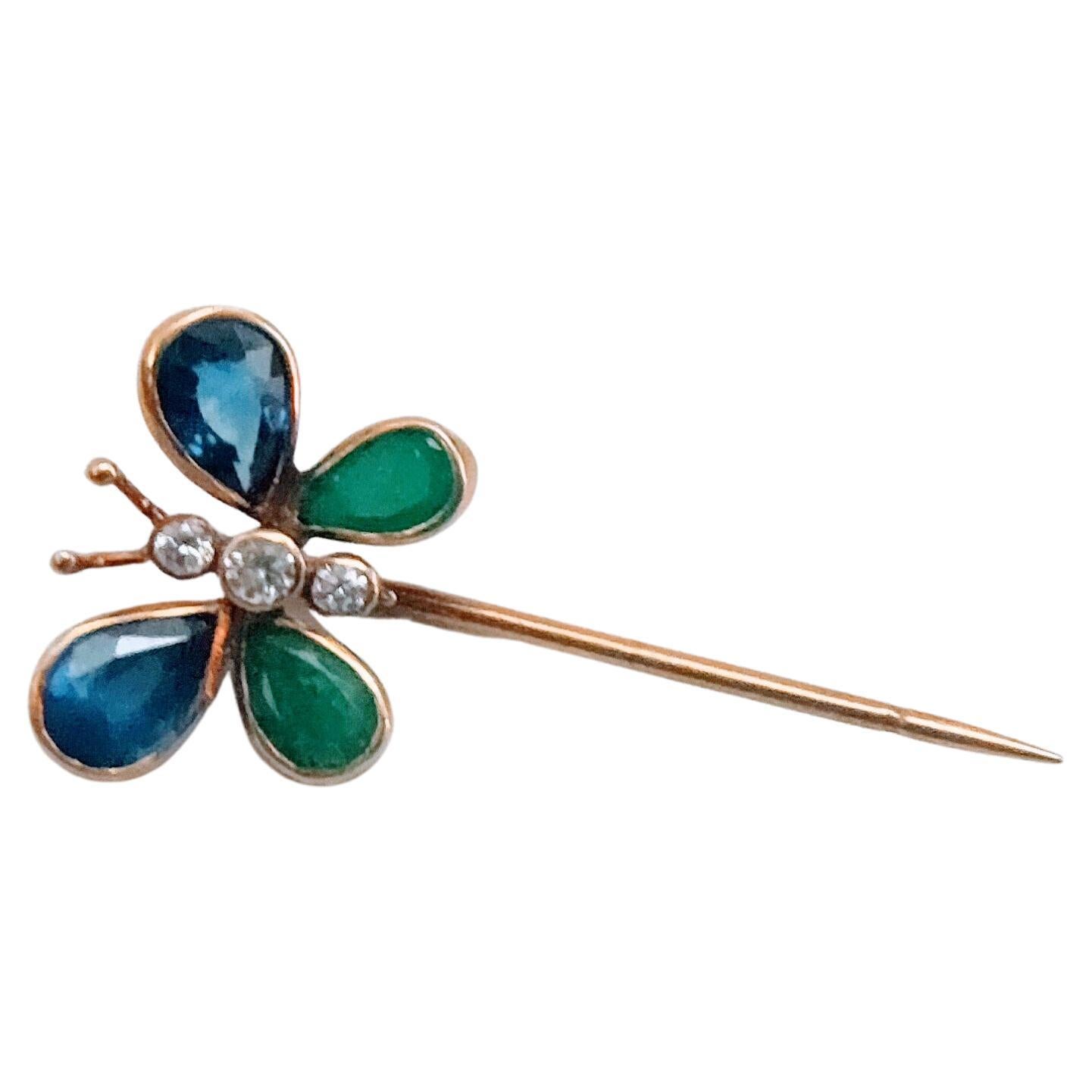 Women's or Men's Sapphires and Emerald Pear Butterfly Stickpin Diamond Yellow Gold 18 Karat