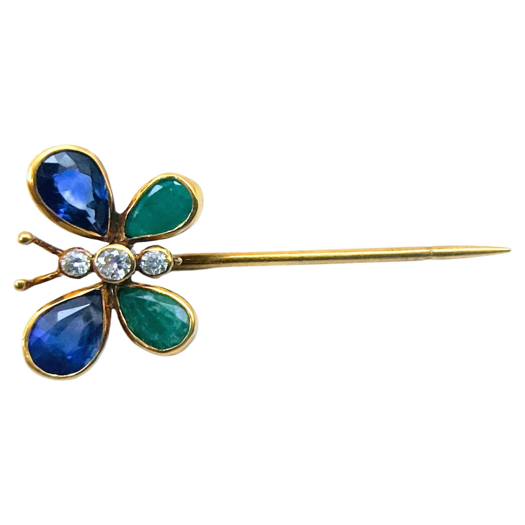 Sapphires and Emerald Pear Butterfly Stickpin Diamond Yellow Gold 18 Karat In Good Condition In Valencia, Comunidad Valenciana