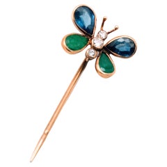 Sapphires and Emerald Pear Butterfly Stickpin Diamond Yellow Gold 18 Karat