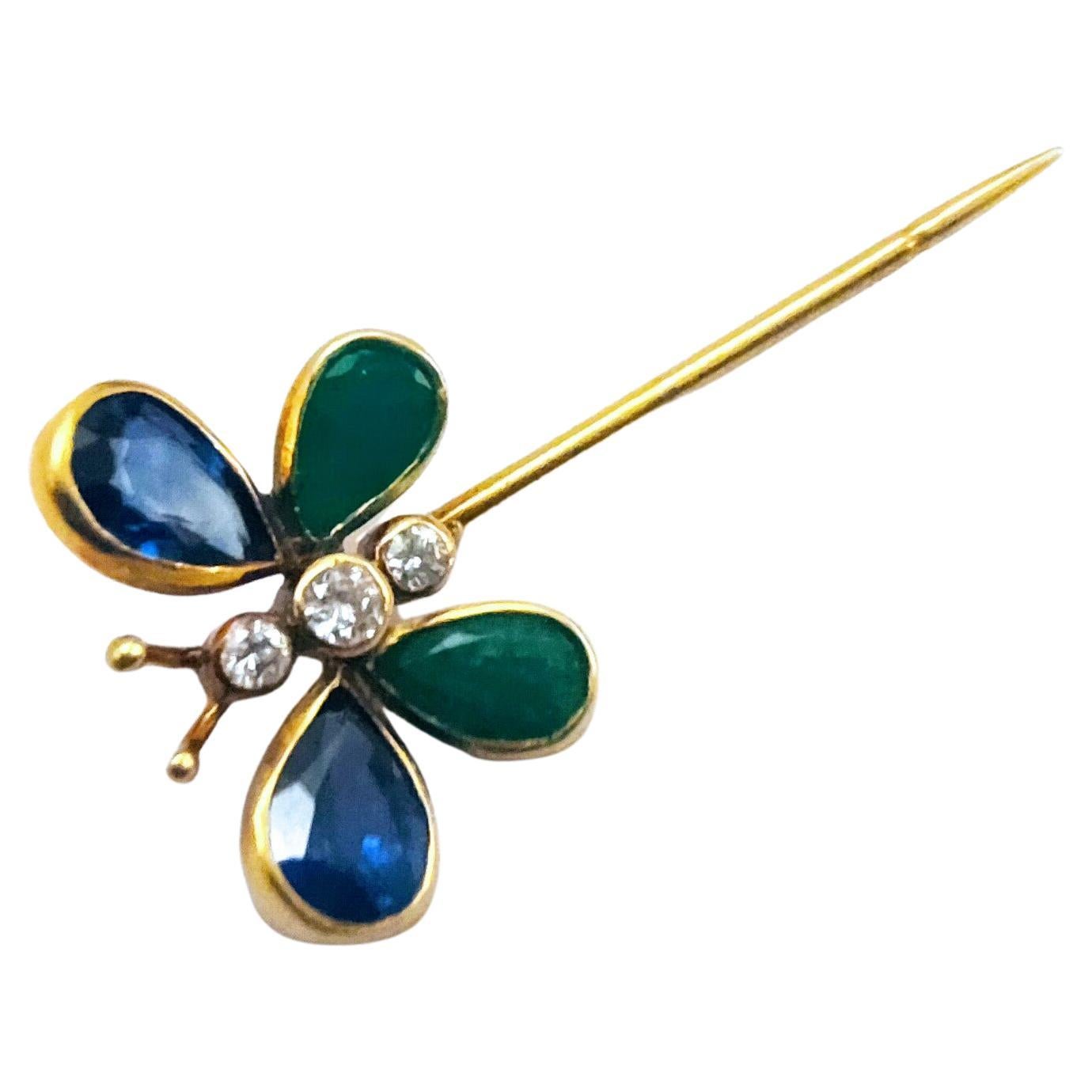Pear Cut Sapphires and Emerald Pear Butterfly Stickpin Diamond Yellow Gold 18 Karat