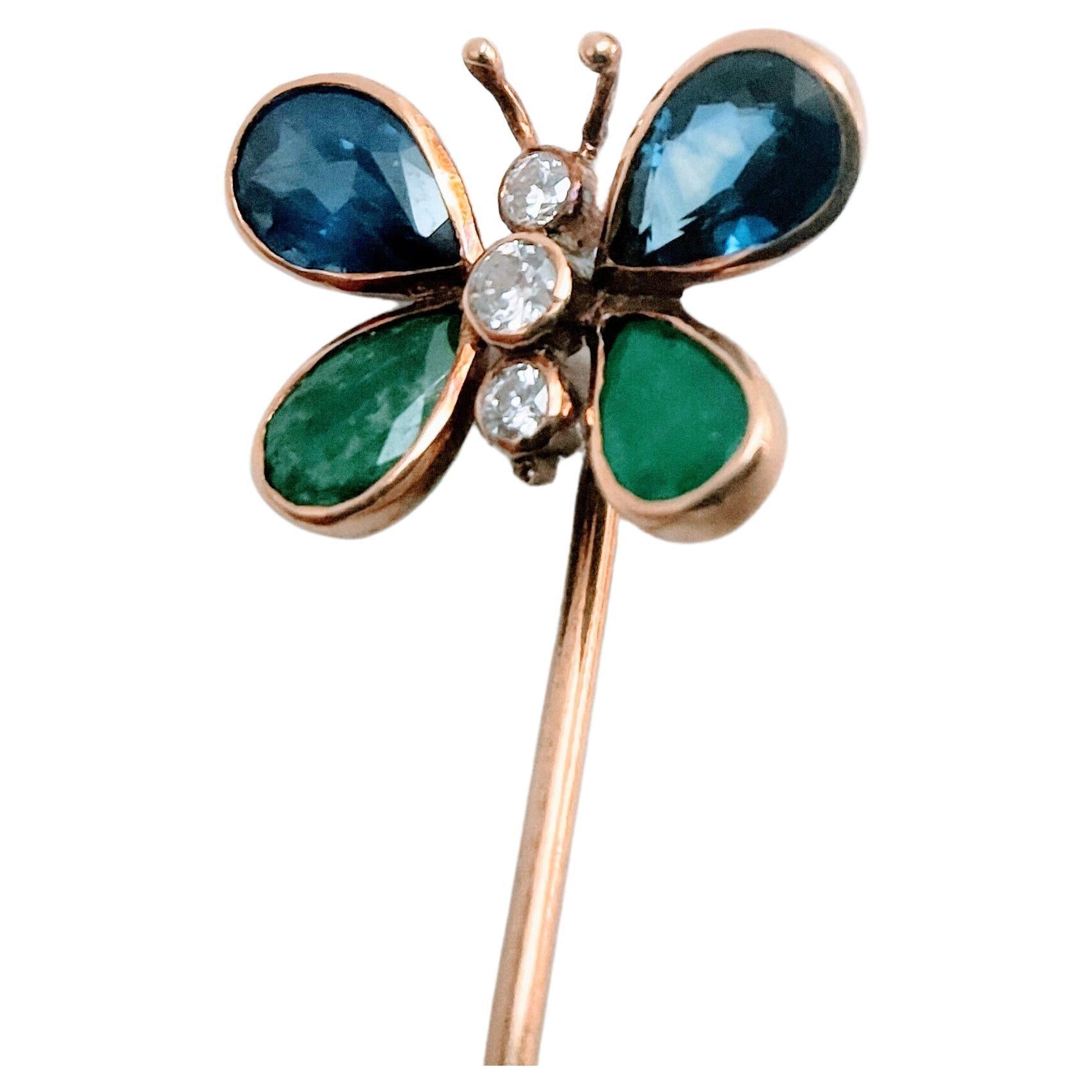 Modern Sapphires and Emerald Pear Butterfly Stickpin Diamond Yellow Gold 18 Karat