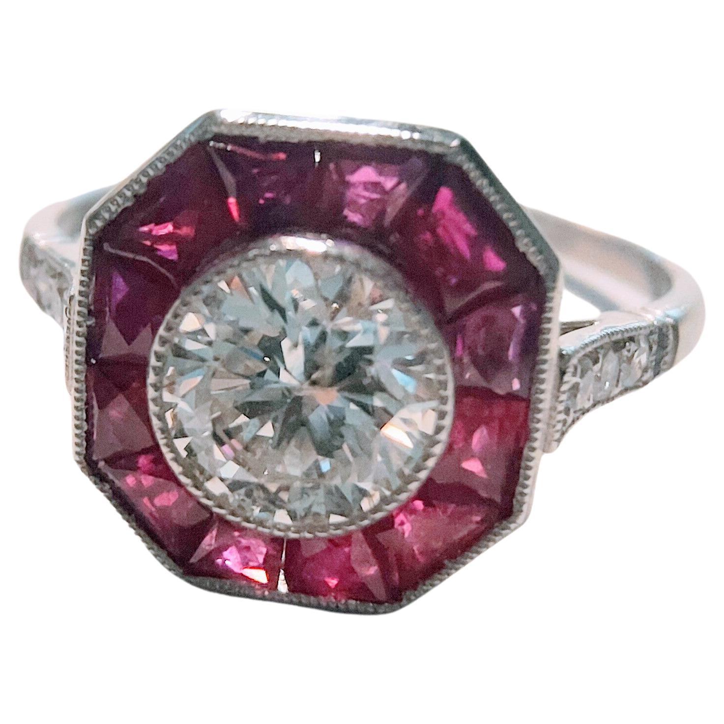 Art-Deco Ring Central Diamond and Ruby Platinum