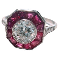 Art-Deco Ring Central Diamond and Ruby Platinum