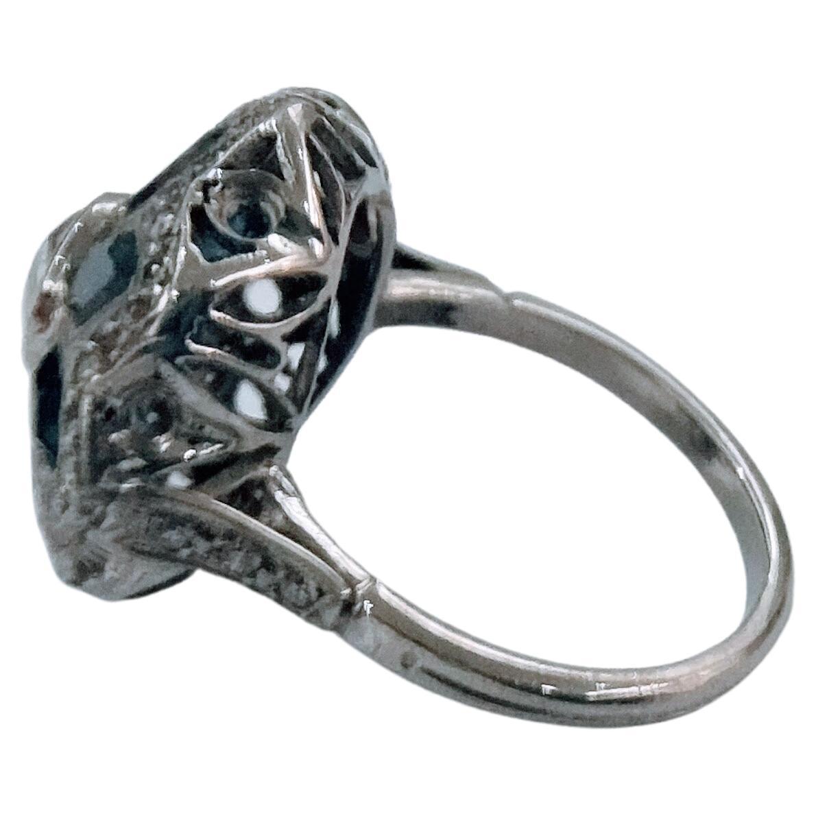 Women's or Men's Art-Deco Platinum Ring Central Diamond Antique Cut with Sapphires and Diamond