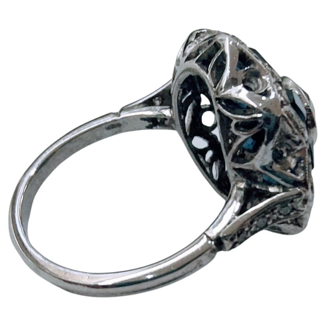 Old European Cut Art-Deco Platinum Ring Central Diamond Antique Cut with Sapphires and Diamond