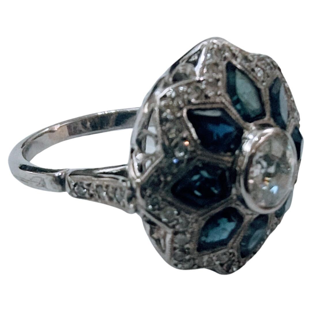 Art Deco Art-Deco Platinum Ring Central Diamond Antique Cut with Sapphires and Diamond