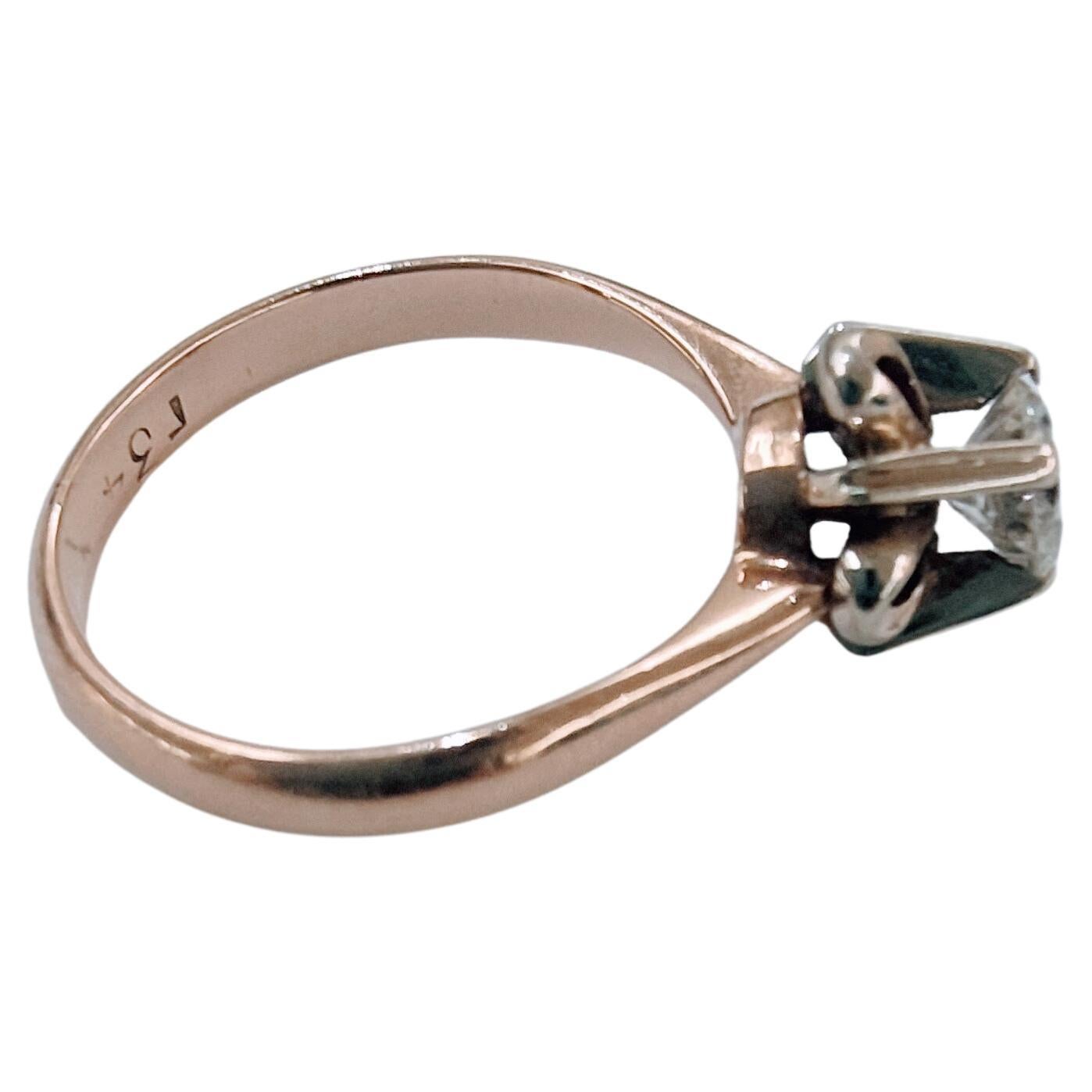 Women's or Men's Vintage Retro 1950s Solitaire Ring Diamond Brilliant Cut White and Rose Gold 18K For Sale