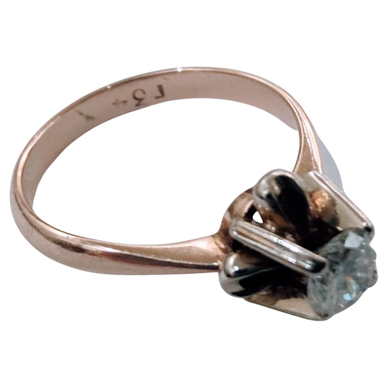 Vintage Retro 1950s Solitaire Ring Diamond Brilliant Cut White and Rose Gold 18K In Good Condition For Sale In Valencia, Comunidad Valenciana
