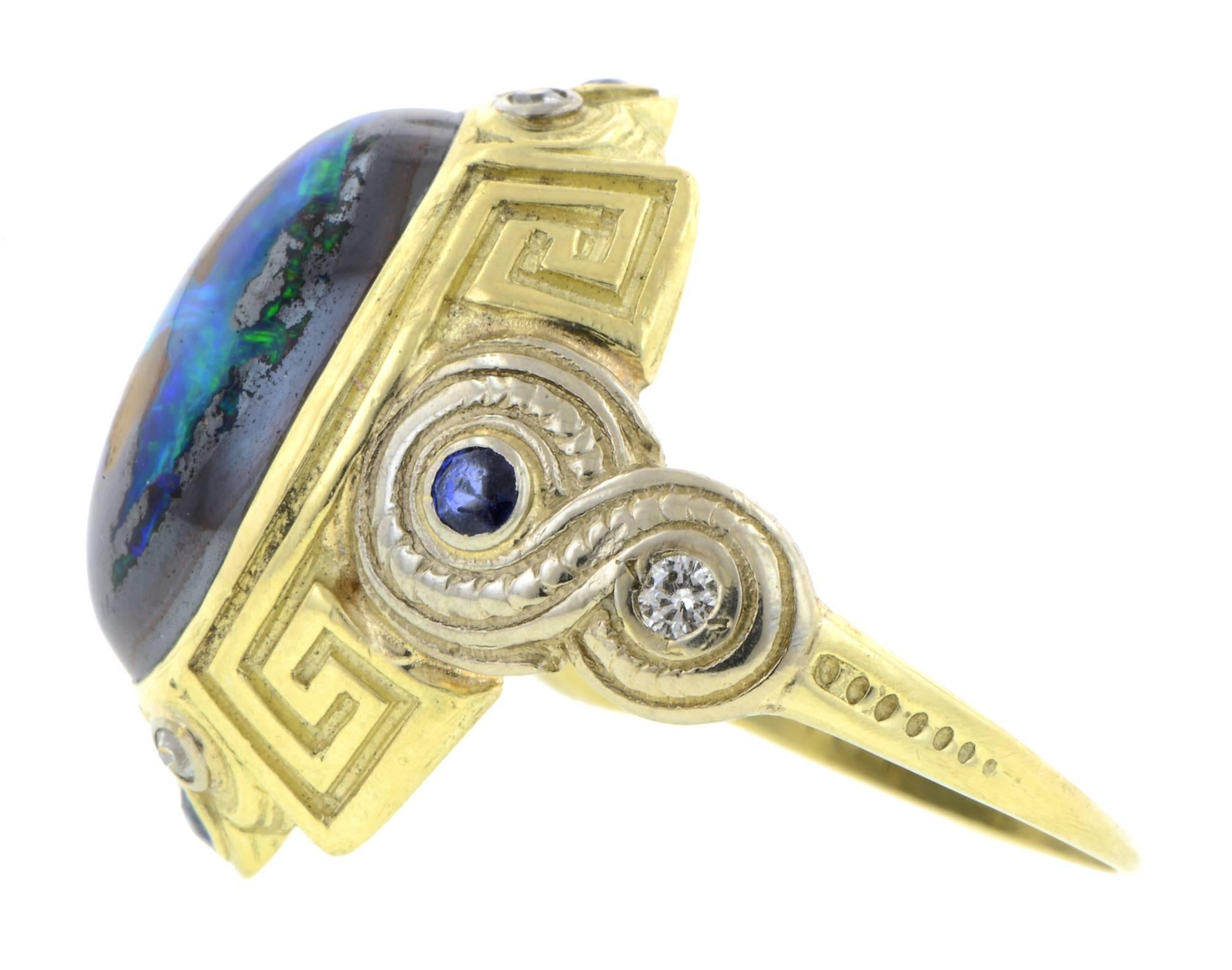 Art Deco Boulder Opal Sapphire Diamond Gold Ring In Good Condition For Sale In New York, NY