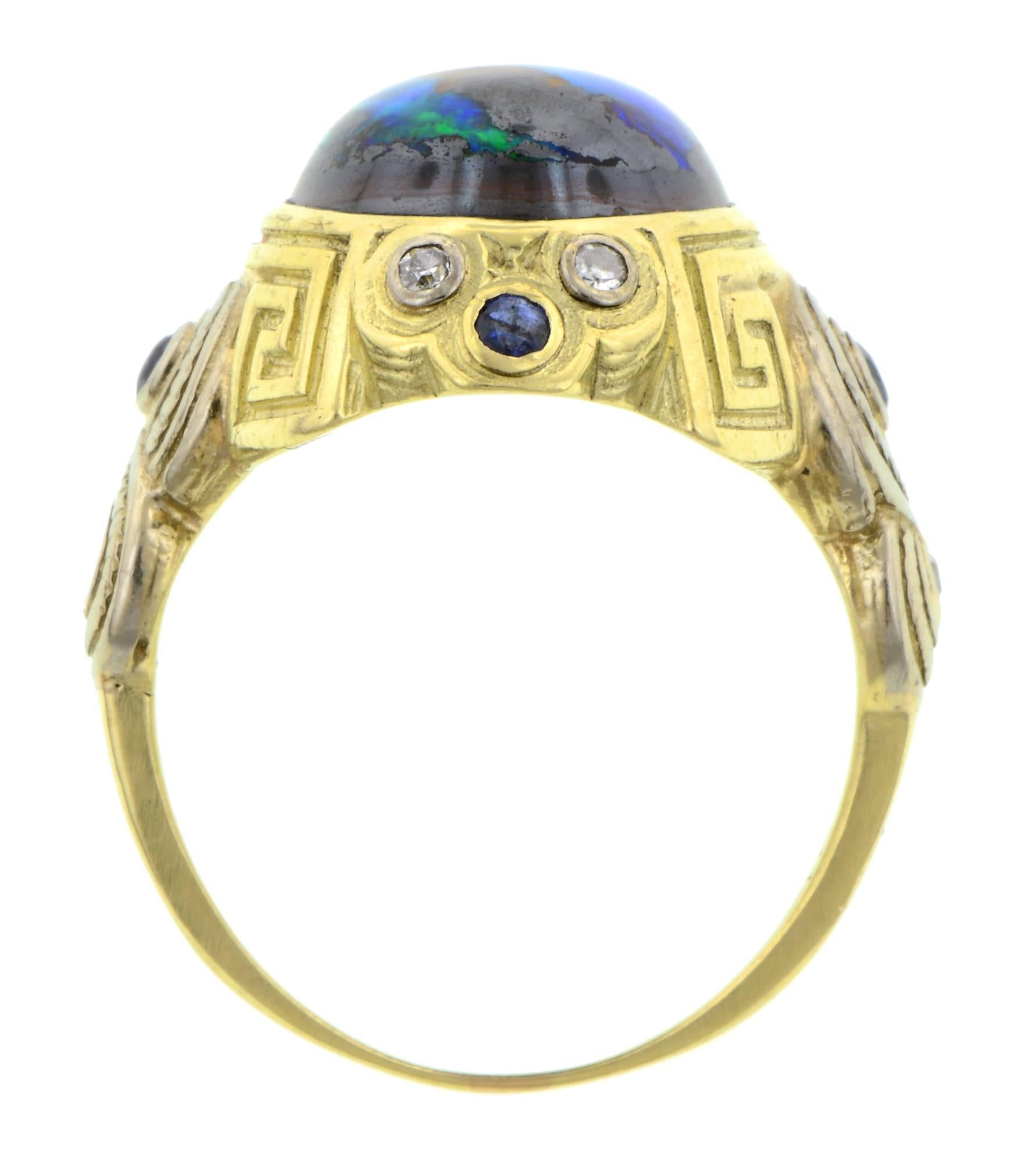 Women's Art Deco Boulder Opal Sapphire Diamond Gold Ring For Sale