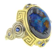 Art Deco Boulder Opal Sapphire Diamond Gold Ring