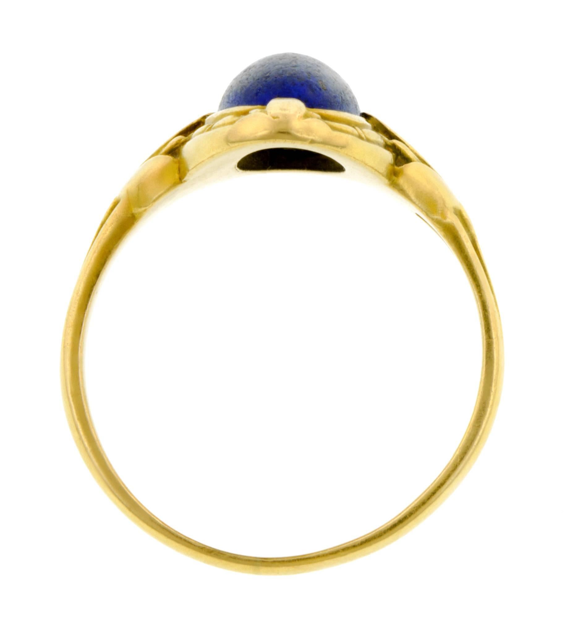 Women's Art Nouveau Lapis Gold Ring with Stylized Lotus Blossoms