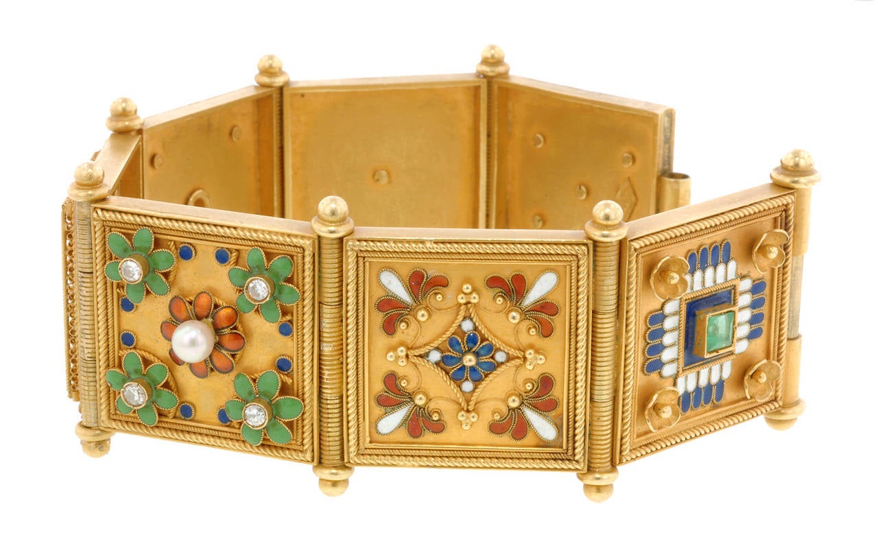 Women's Gem Set Gold Renaissance Revival Style Cuff Bracelet