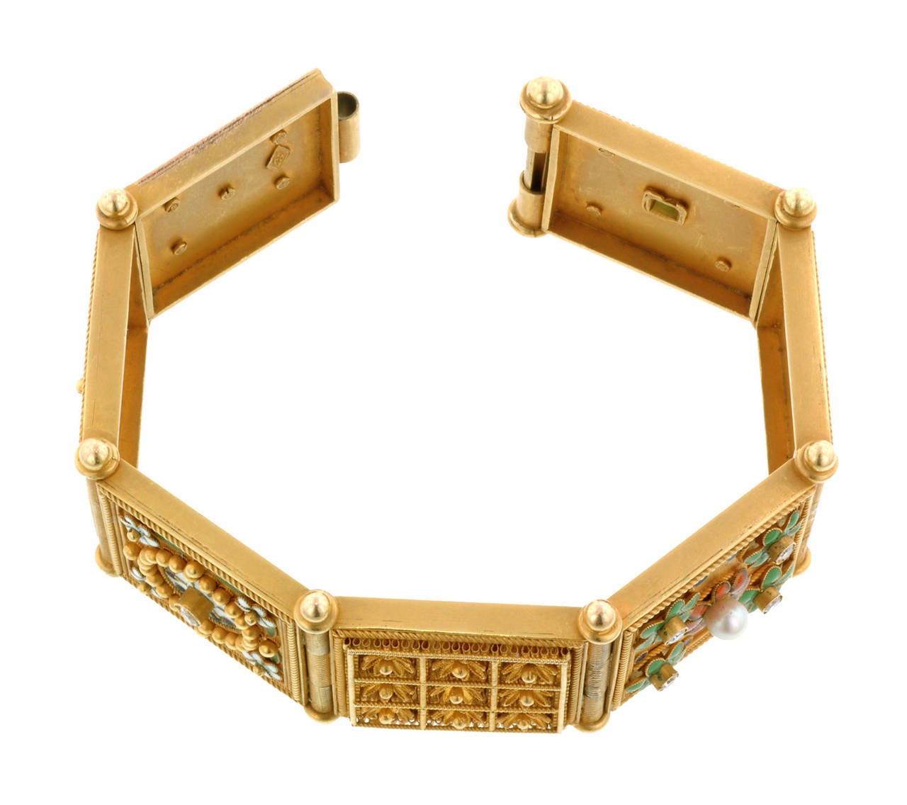 Gem Set Gold Renaissance Revival Style Cuff Bracelet In Good Condition In New York, NY