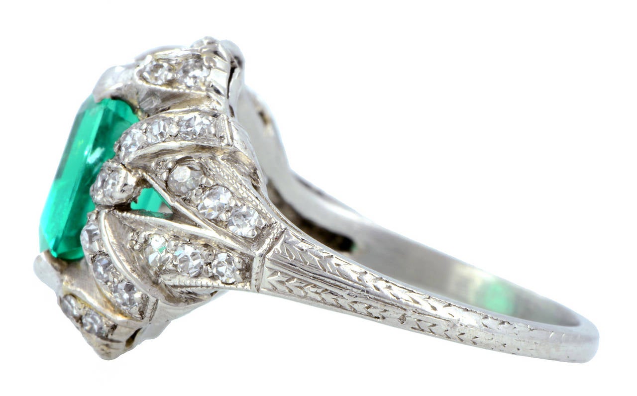 Women's Art Deco 2.15 Carat Emerald Diamond Platinum Ring