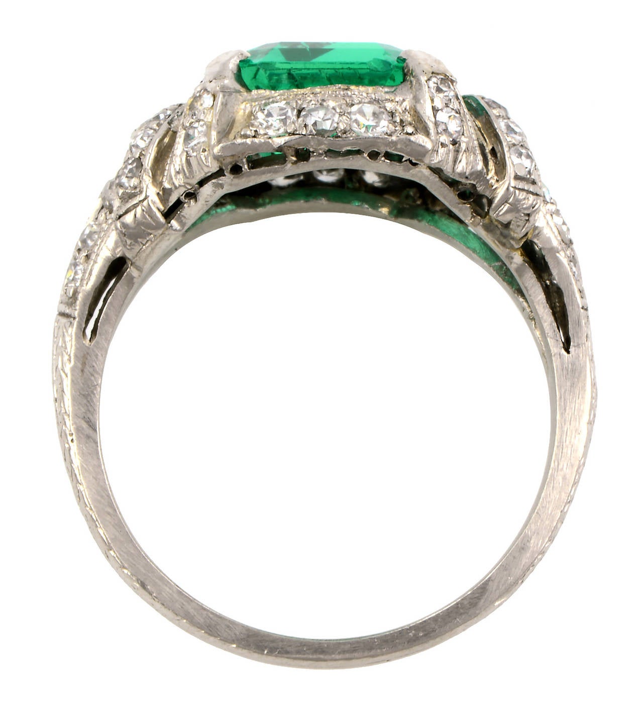 Art Deco 2.15 Carat Emerald Diamond Platinum Ring In Good Condition In New York, NY