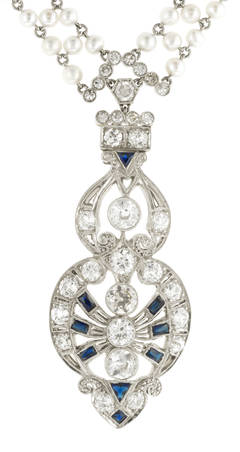 Art Deco Diamond, Sapphire* & Cultured Pearl Sautoir Necklace