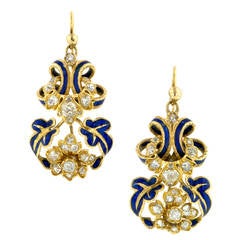 Antique 1860s Victorian Enamel Diamond Gold Ribbon and Flower Design Earrings
