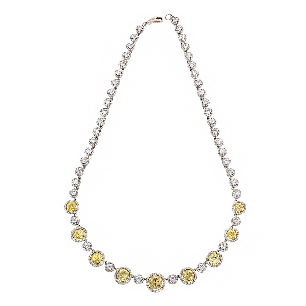 Fancy Yellow Antique Cut GIA Cert Diamond Gold Platinum Riviere Necklace For Sale