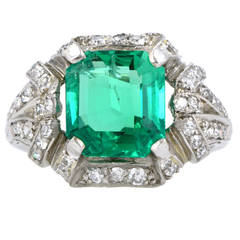 Art Deco 2.15 Carat Emerald Diamond Platinum Ring
