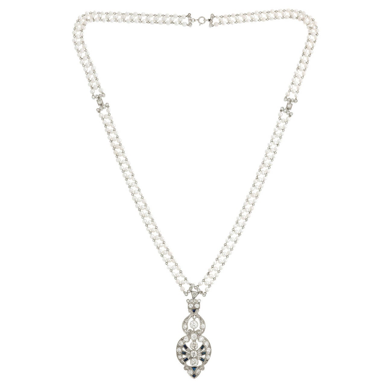 Art Deco Diamond, Sapphire* & Cultured Pearl Sautoir Necklace For Sale