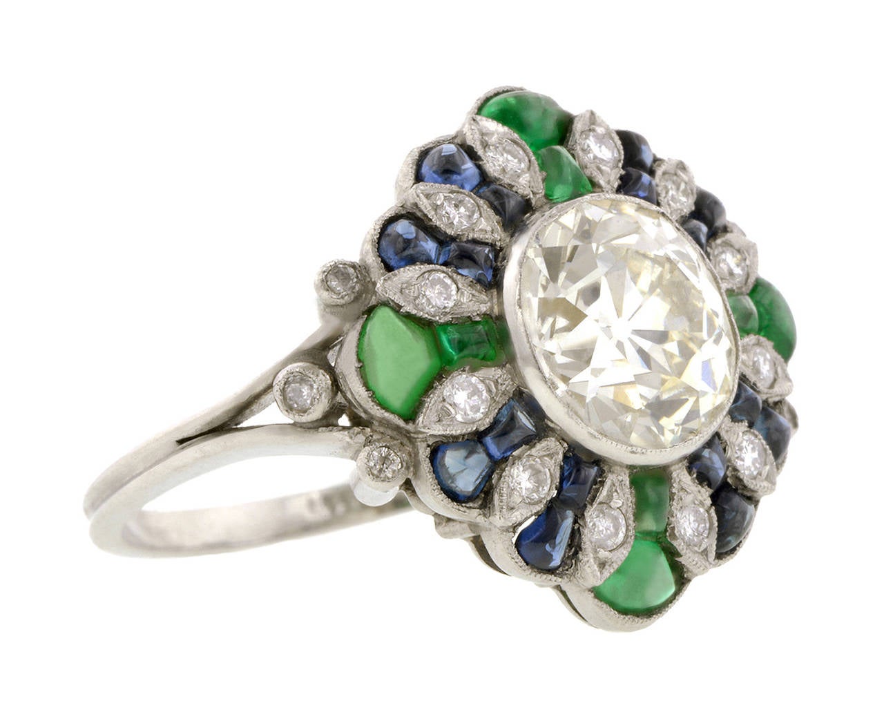 Old Mine cut 2.33 carat Diamond Sapphire Emerald Platinum Engagement Ring