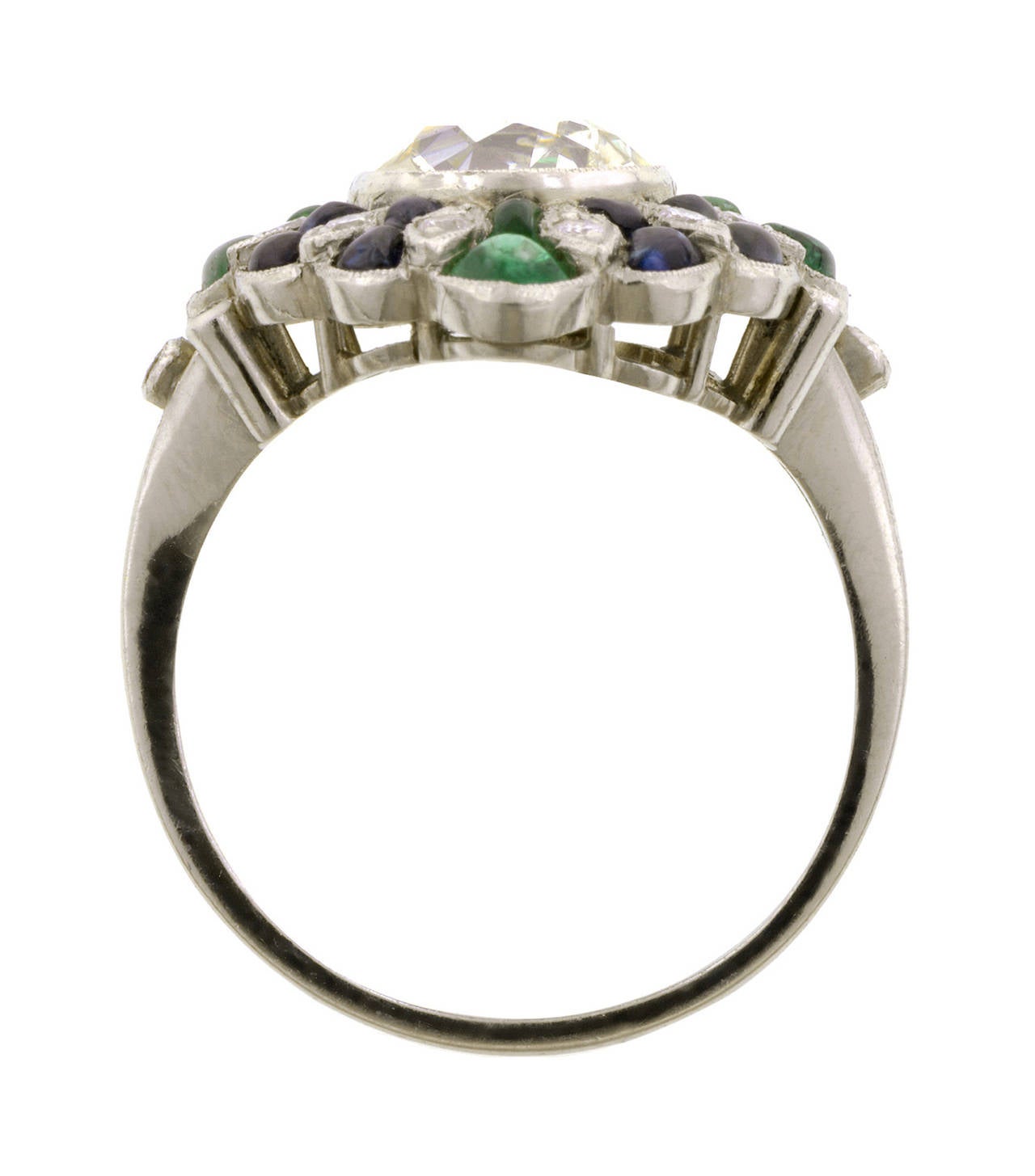 Contemporary Old Mine cut 2.33 carat Diamond Sapphire Emerald Platinum Engagement Ring For Sale