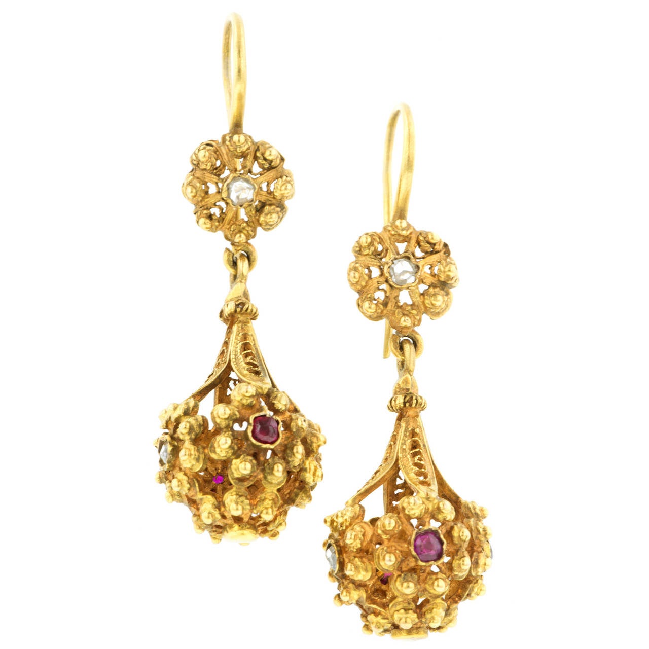 Victorian Ruby Diamond gold Drop Earrings For Sale
