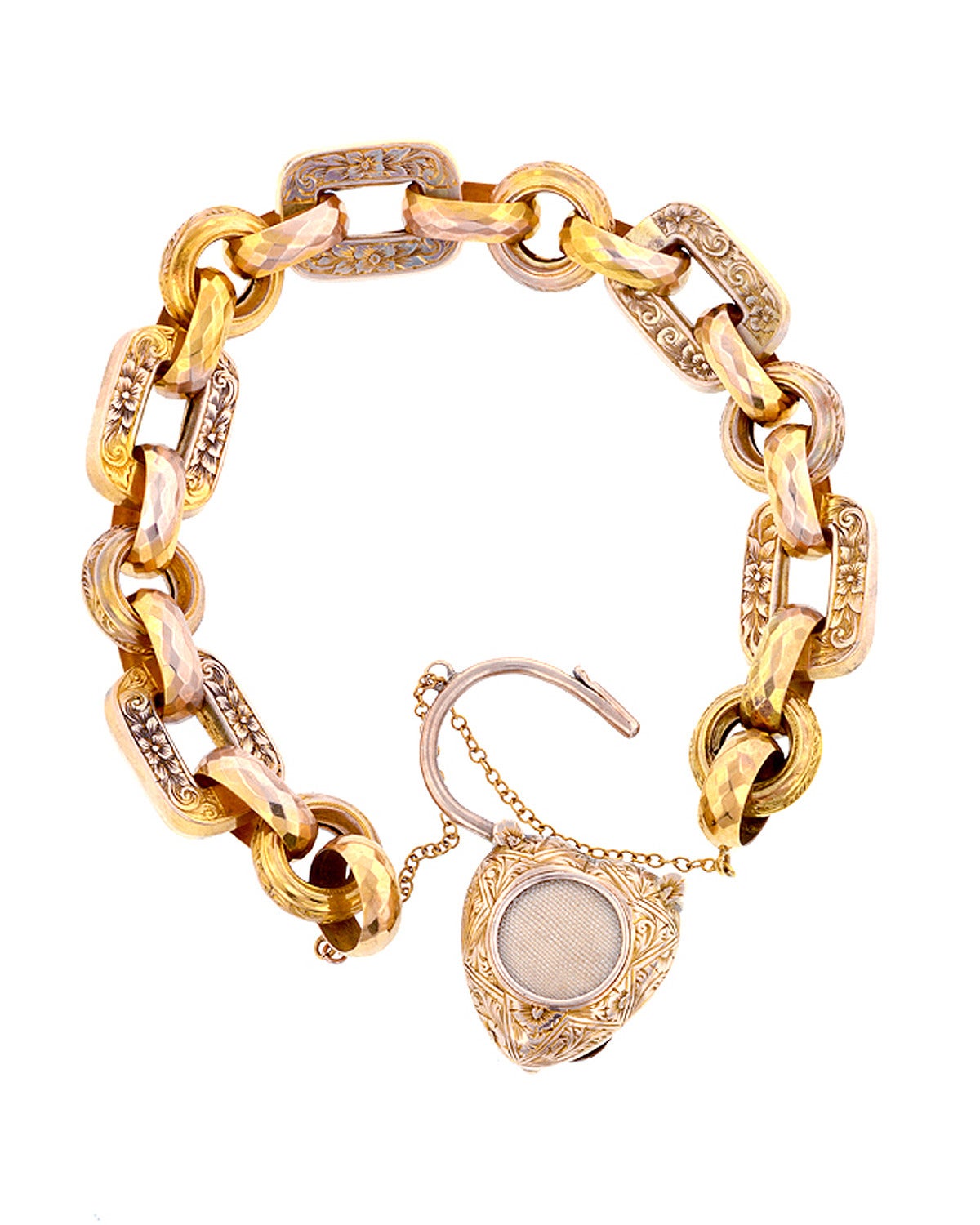 Victorian Engraved Link Topaz Gold Heart Padlock Bracelet In Good Condition In New York, NY
