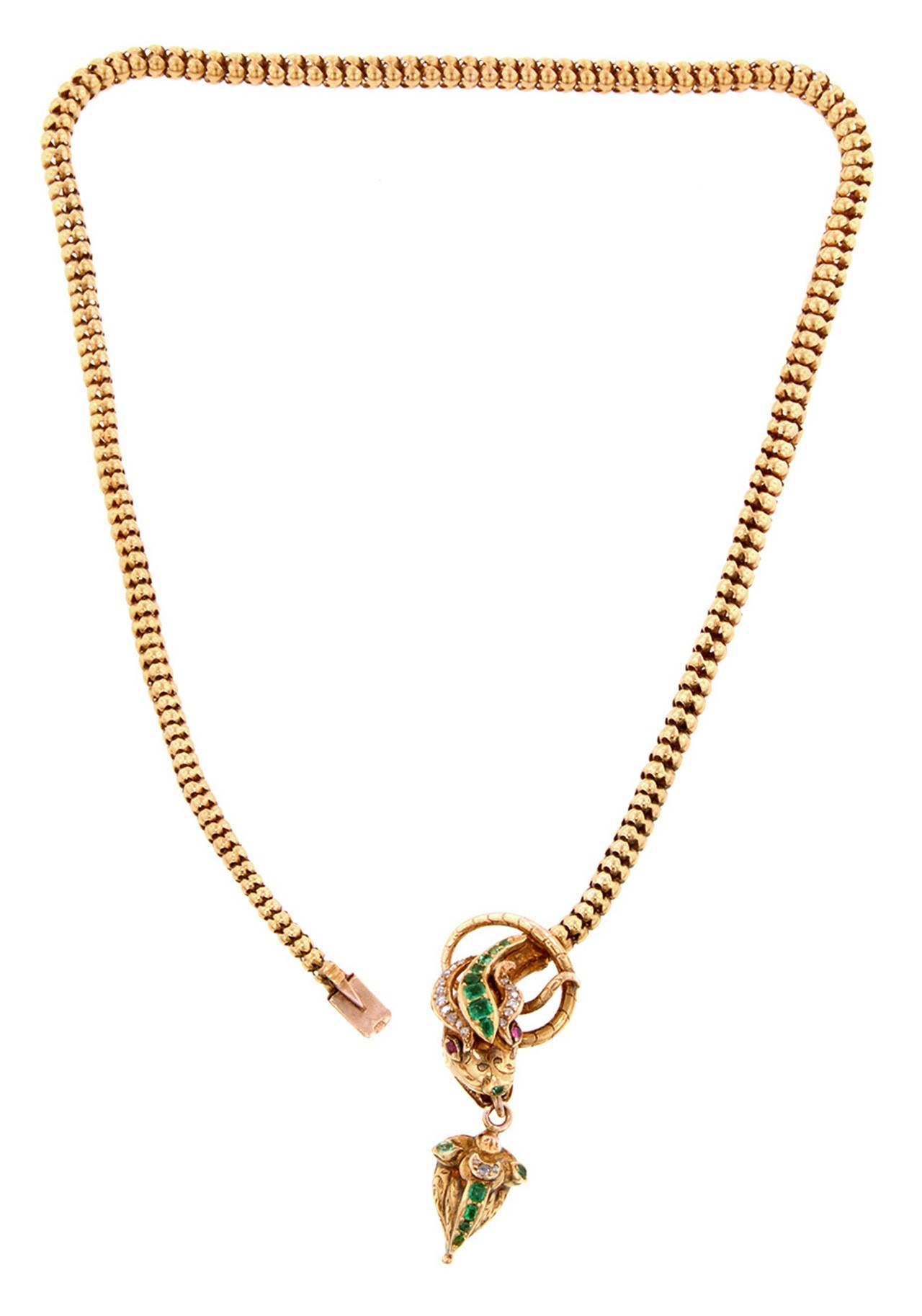 Victorian Emerald Diamond Gold Snake Necklace With Ruby Eyes In Good Condition For Sale In New York, NY