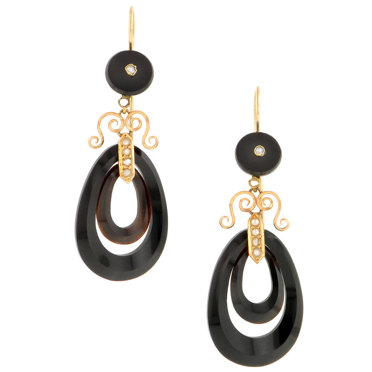 Victorian Onyx Seed Pearl Gold Drop Earrings For Sale