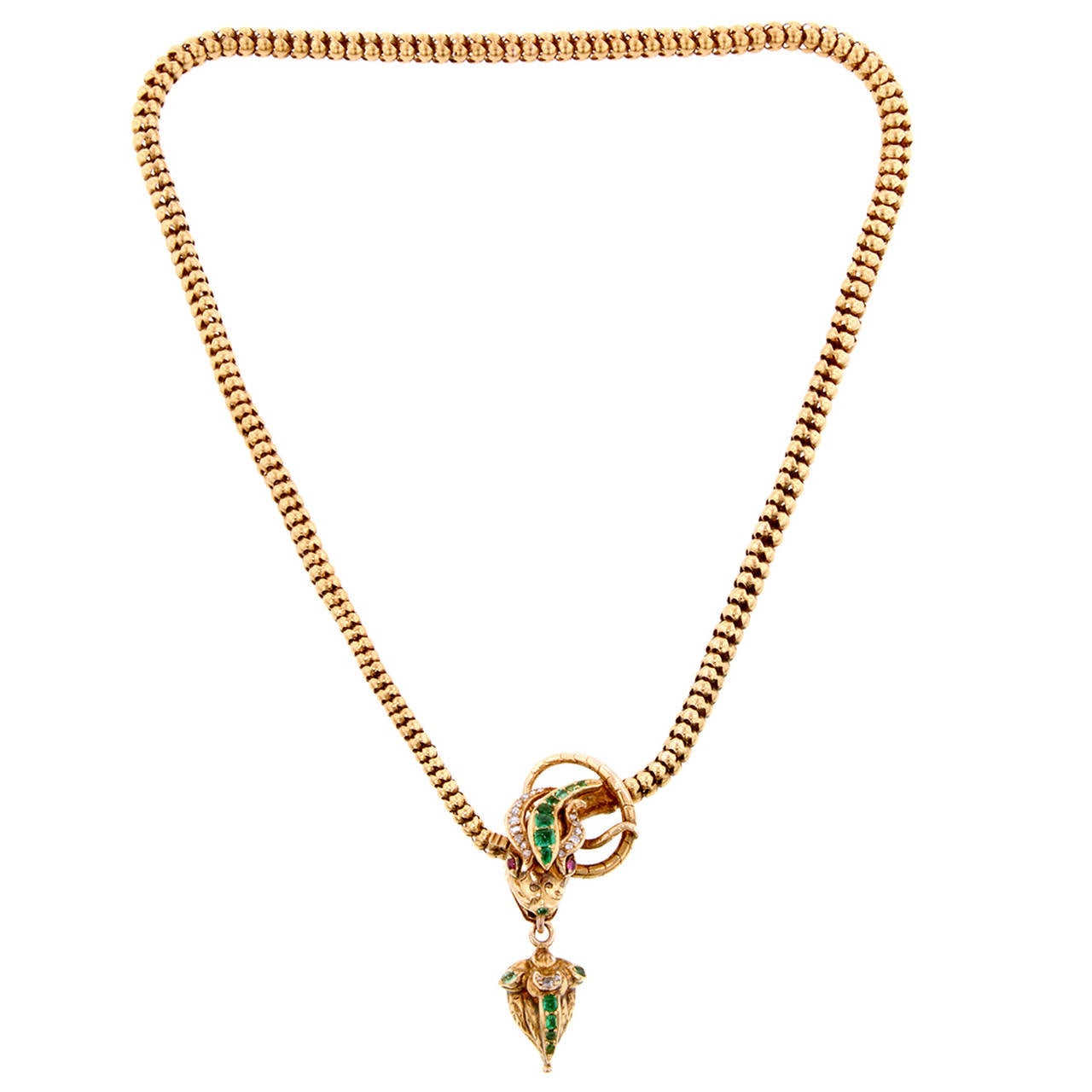 Victorian Emerald Diamond Gold Snake Necklace With Ruby Eyes For Sale