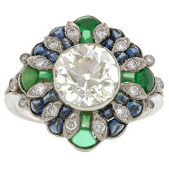 Old Mine cut 2.33 carat Diamond Sapphire Emerald Platinum Engagement Ring