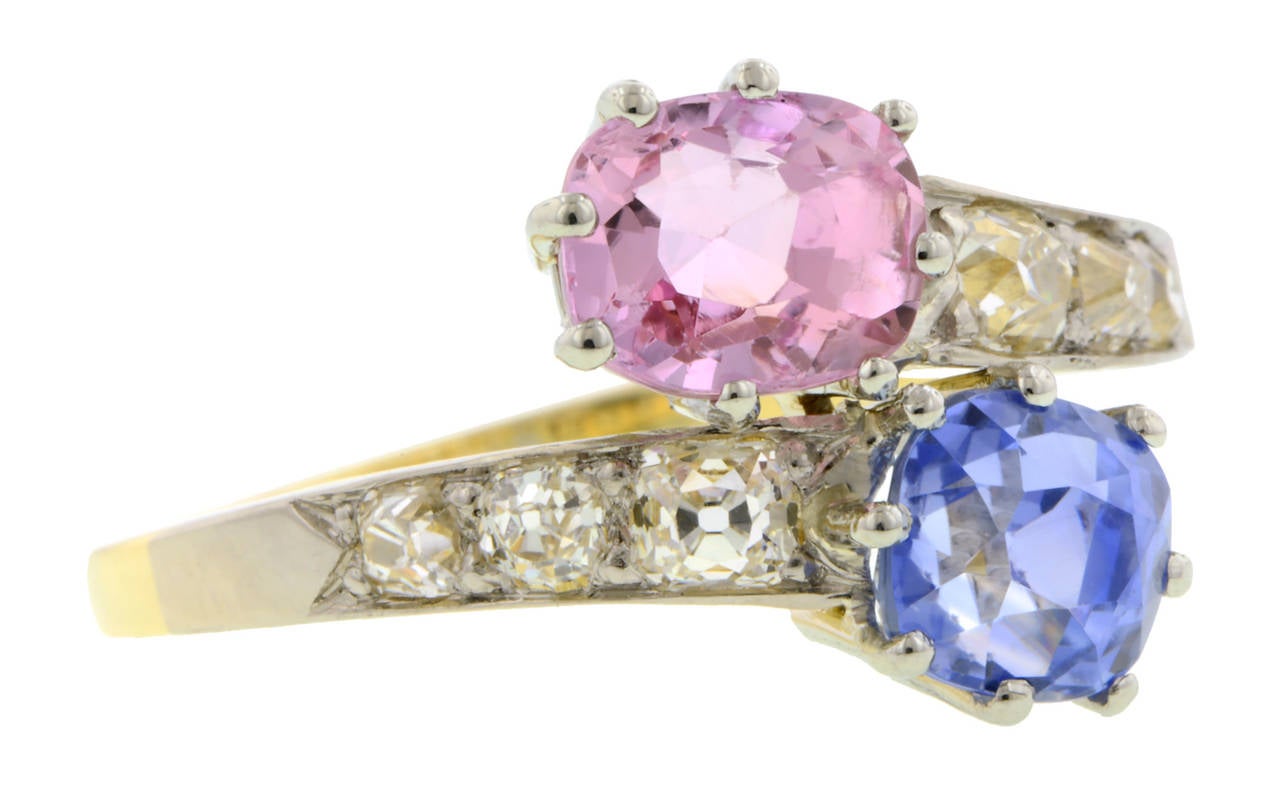 Pink and Blue Sapphire Diamond Gold Moi et Toi Bypass Ring
