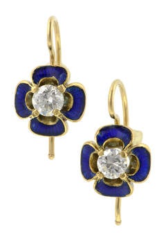 Antique Enamel Diamond gold Flower Earrings
