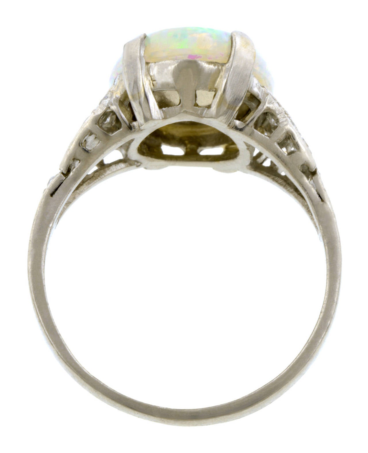Art Deco Opal Diamond Platinum Cocktail Ring In Good Condition For Sale In New York, NY