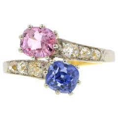 Pink and Blue Sapphire Diamond Gold Moi et Toi Bypass Ring