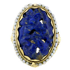 Arts & Crafts Carved Lapis Pearl Gold Cocktail Ring