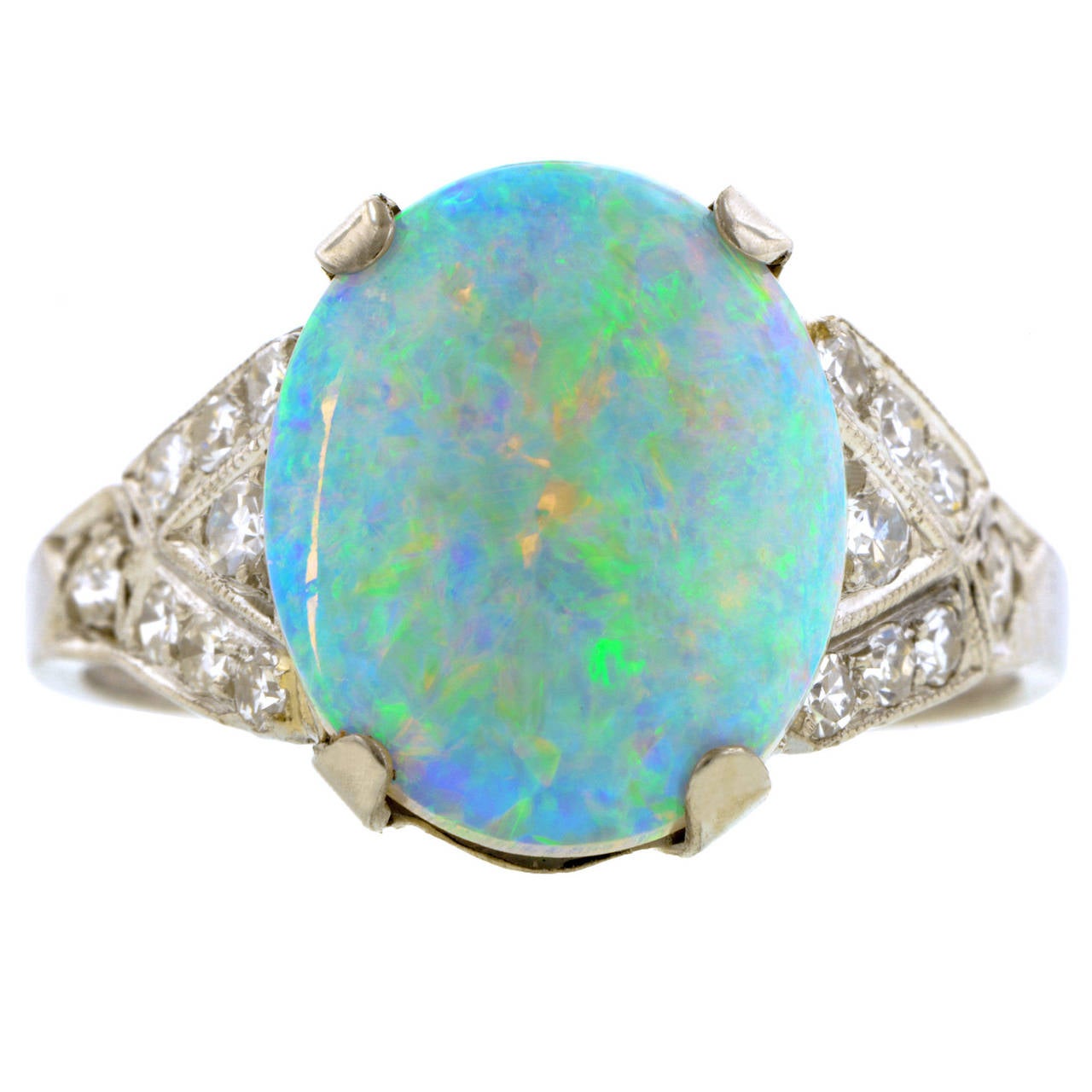Art Deco Opal Diamond Platinum Cocktail Ring For Sale