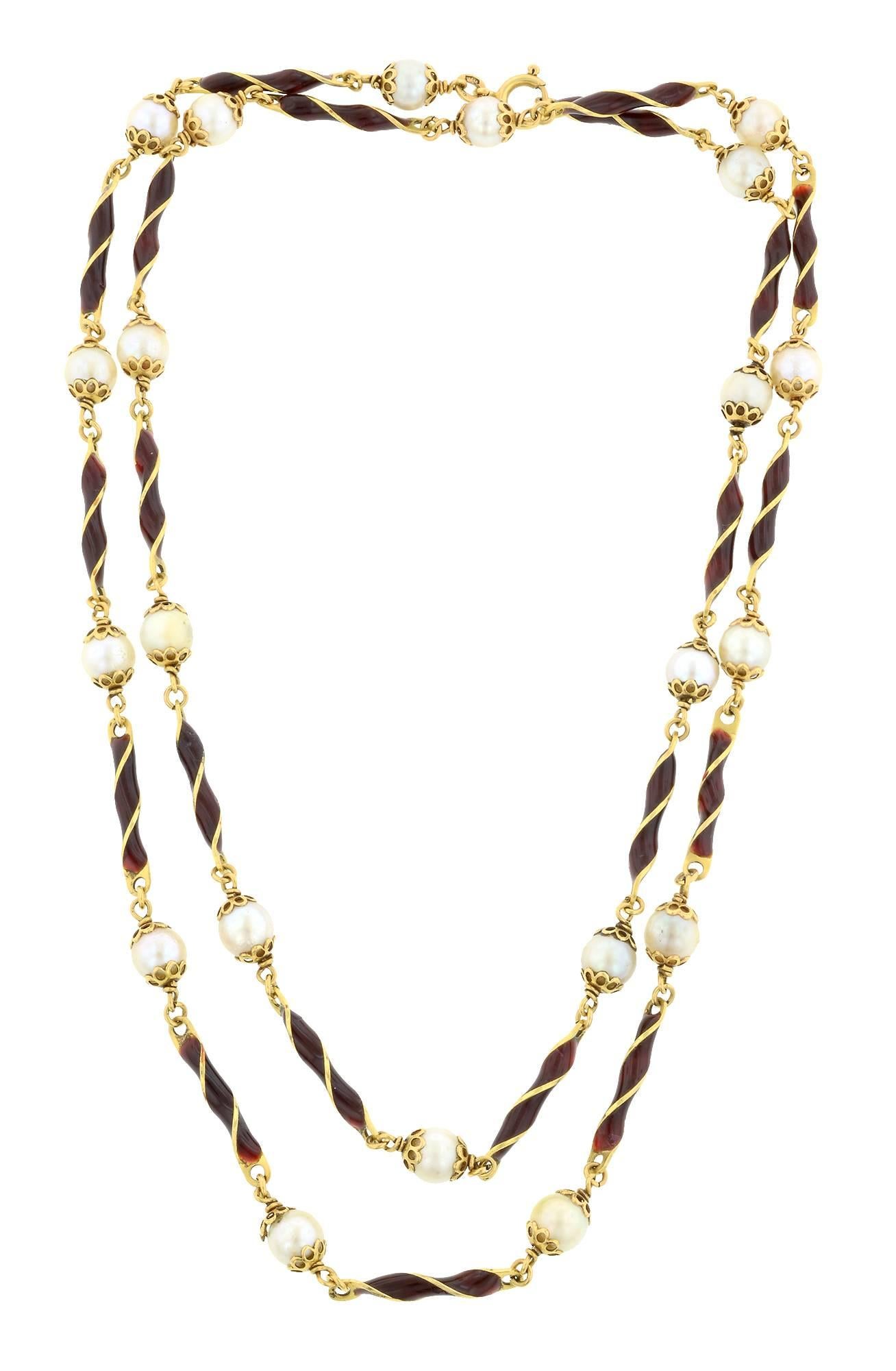 Vintage cultured pearl & red enamel long chain necklace with alternating twisted red enamel links and pearls*, fashioned in 18k gold.  Italian hallmarks. Circa 1960. Length 30 inches.
