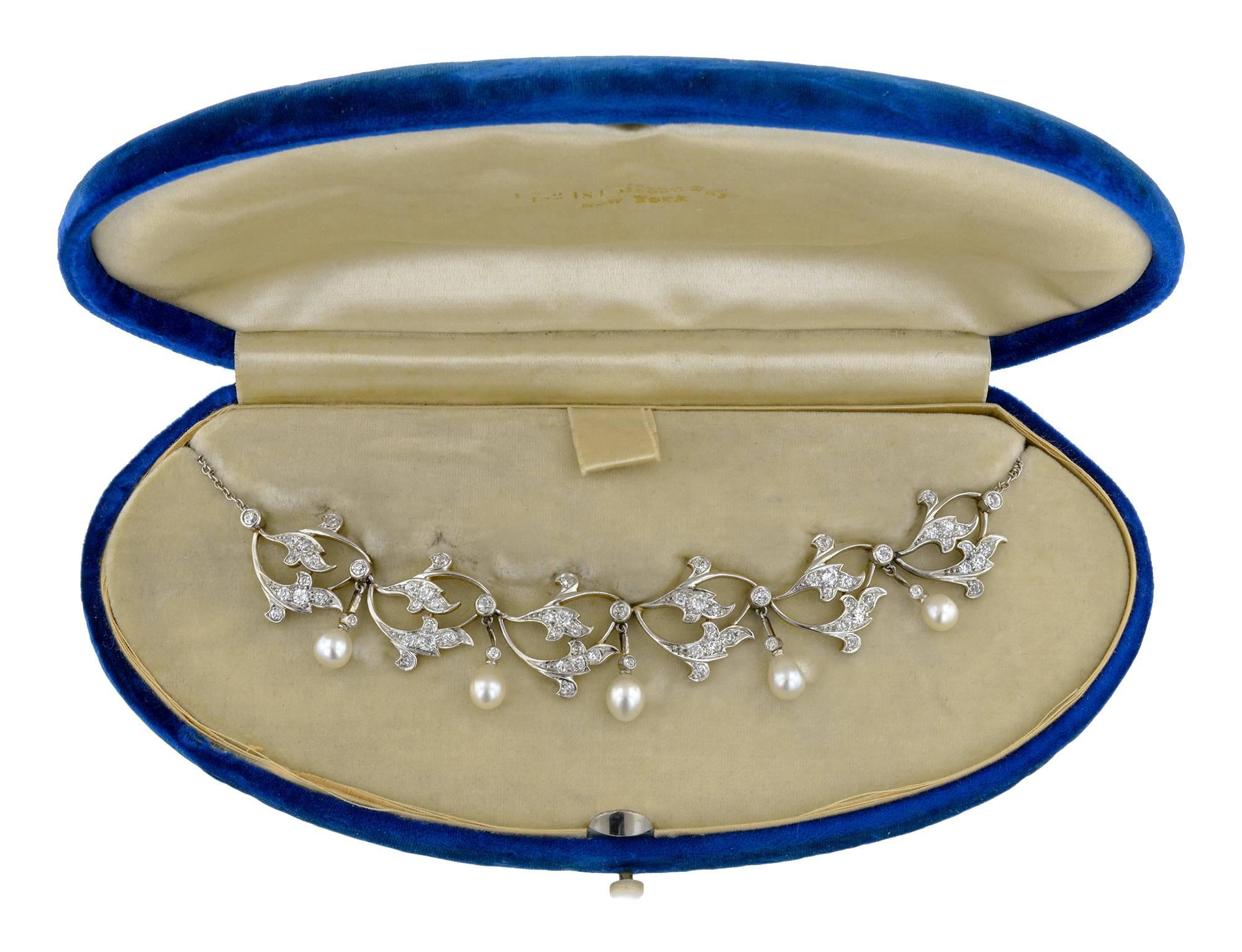 1910s Edwardian Pearl Drop Diamond Necklace In Good Condition For Sale In New York, NY