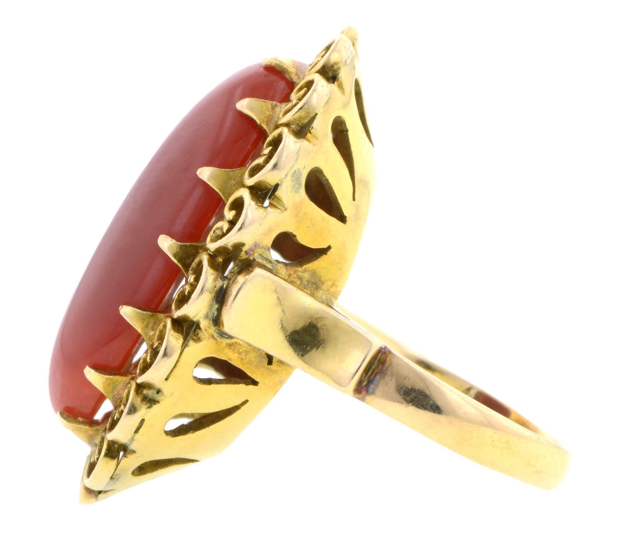 Oval Oxblood Red Coral Cabochon Gold Ring  In Good Condition For Sale In New York, NY