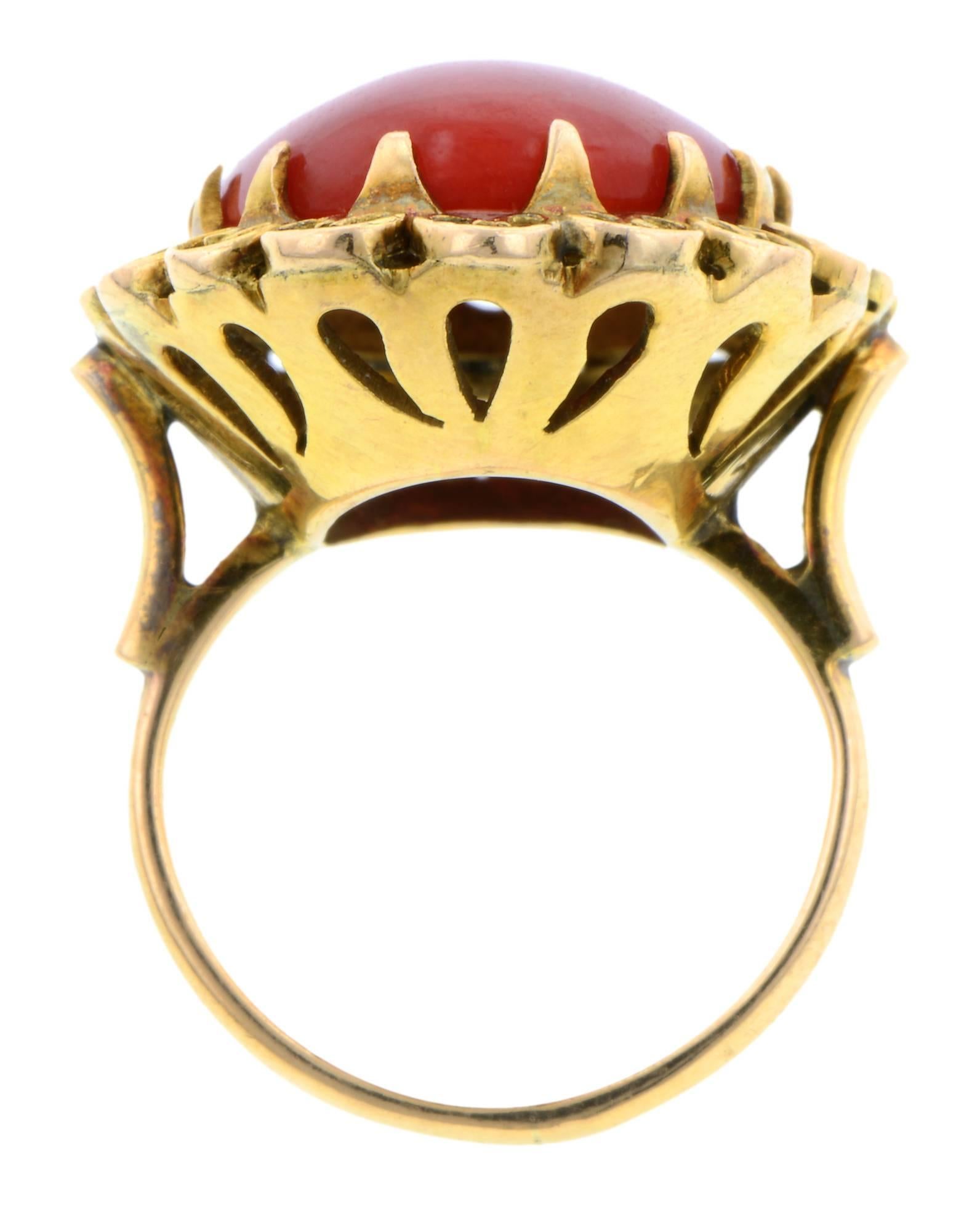 Women's Oval Oxblood Red Coral Cabochon Gold Ring  For Sale